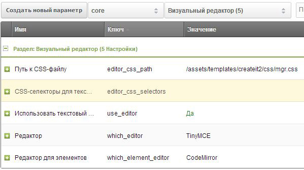 Настройки визуального редактора